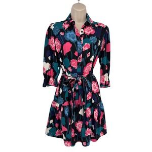 Kate Spade Shirt Dress Womens XS Black Polyester Whimsical Viney Floral Belt